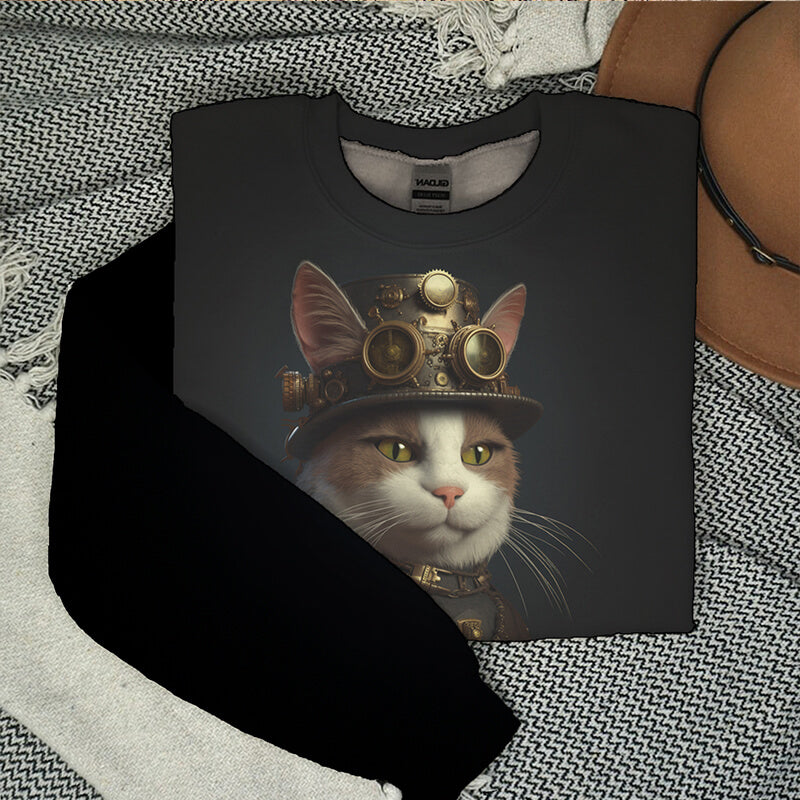 Steampunk Cat Round Neck Sweatshirt