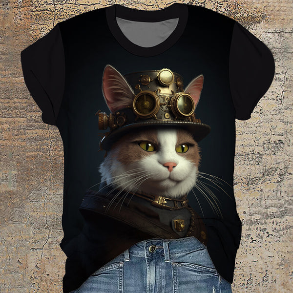 Steampunk Cat Round Neck T-Shirt