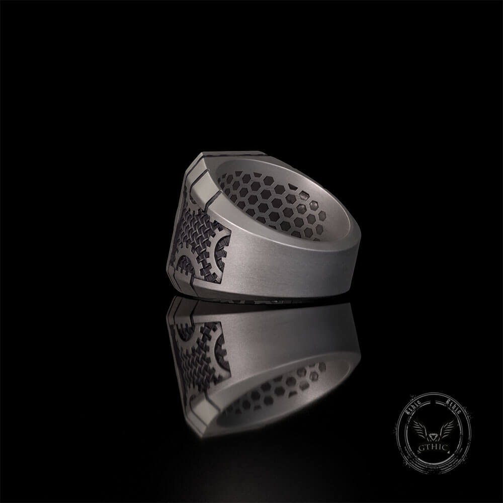 Steampunk Gear Black Gem Sterling Silver Ring