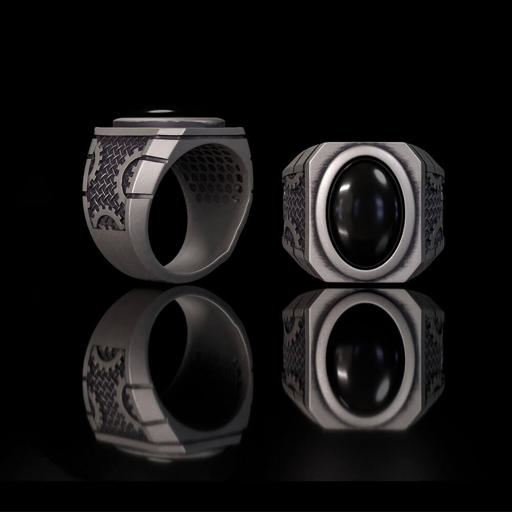 Steampunk Gear Black Gem Sterling Silver Ring | Gthic.com