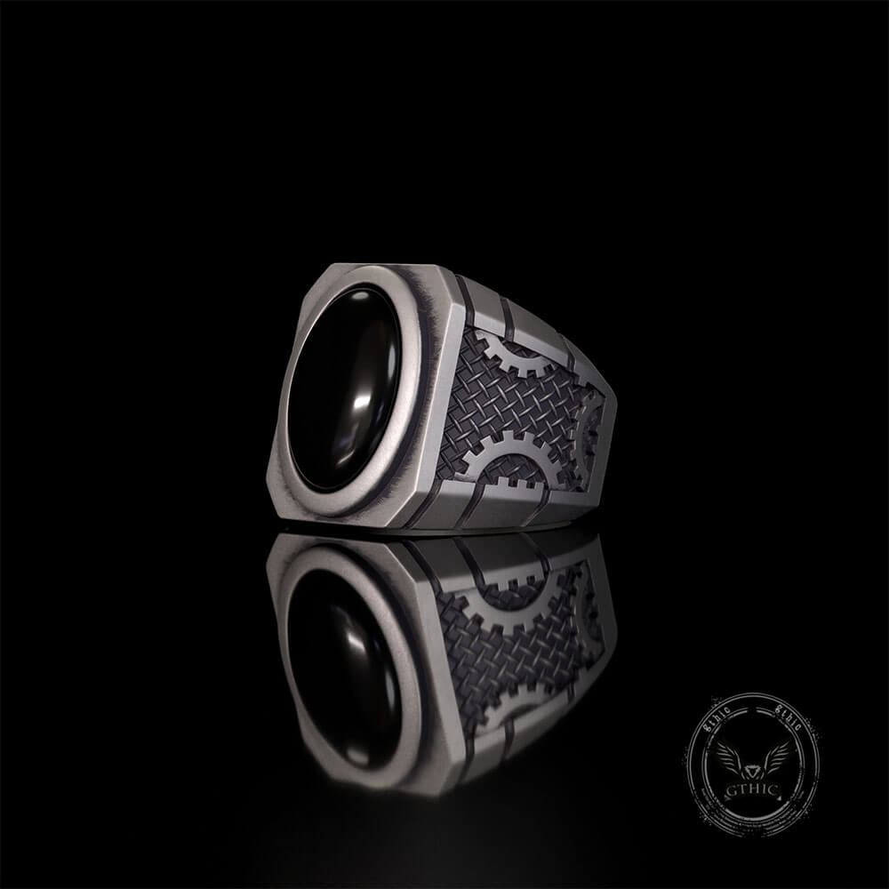 Steampunk Gear Black Gem Sterling Silver Ring | Gthic.com