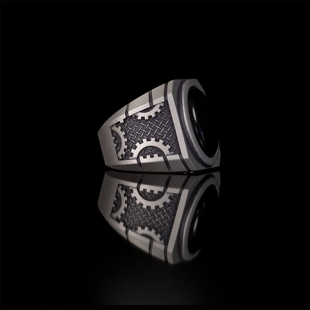 Steampunk Gear Black Gem Sterling Silver Ring
