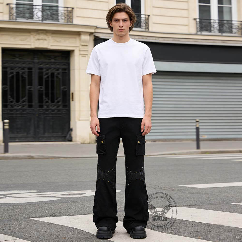 Street-Style Punk Leather Patchwork Flared Pants | Gthic.com