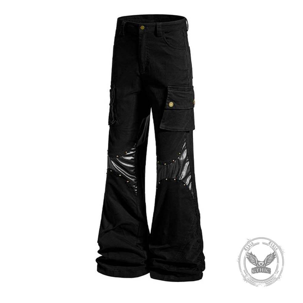 Street-Style Punk Leather Patchwork Flared Pants