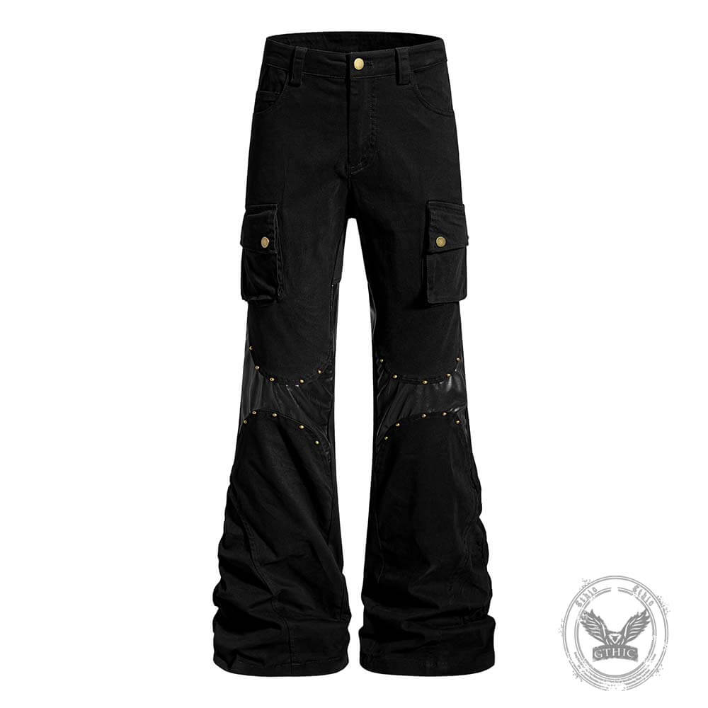 Street-Style Punk Leather Patchwork Flared Pants | Gthic.com