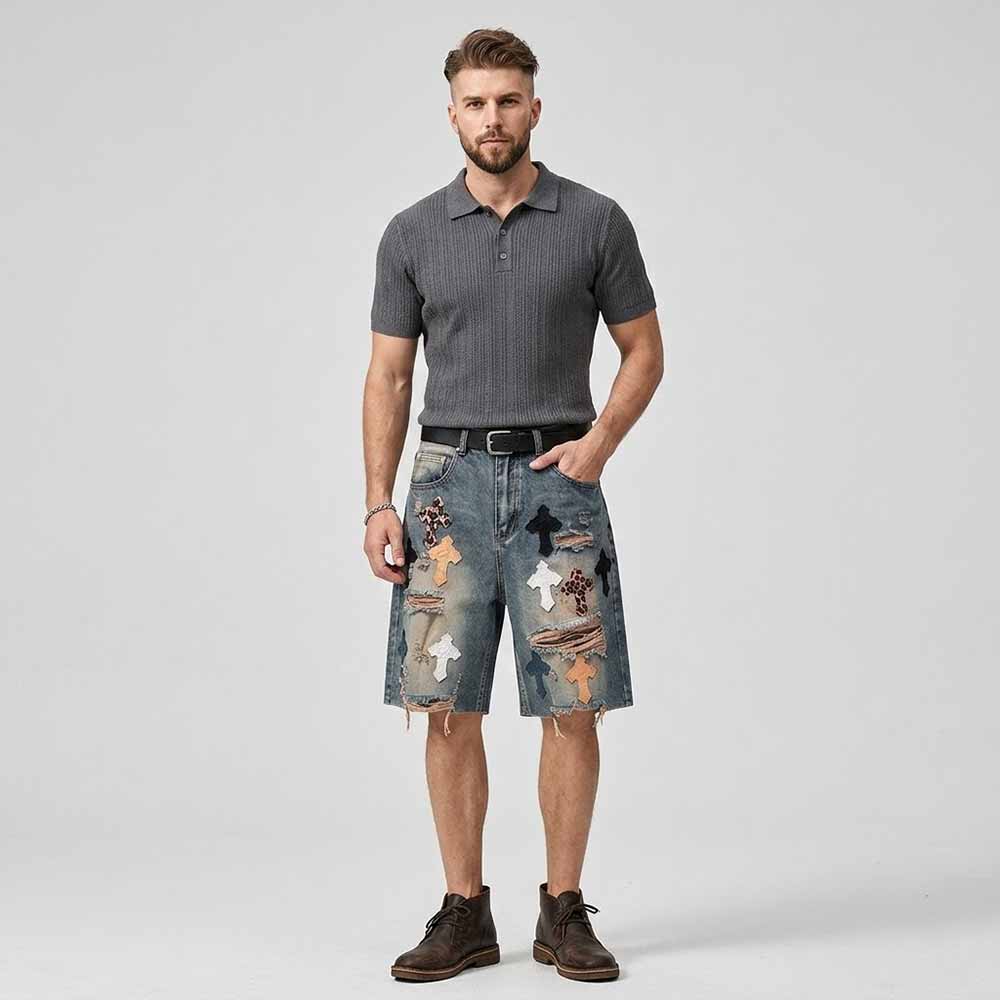 Street Cross Leather Patch Distressed Denim Shorts | Gthic.com