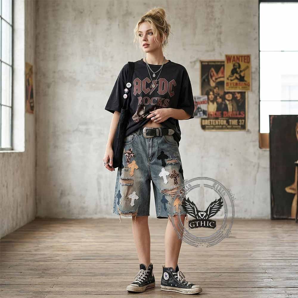 Street Cross Leather Patch Distressed Denim Shorts | Gthic.com