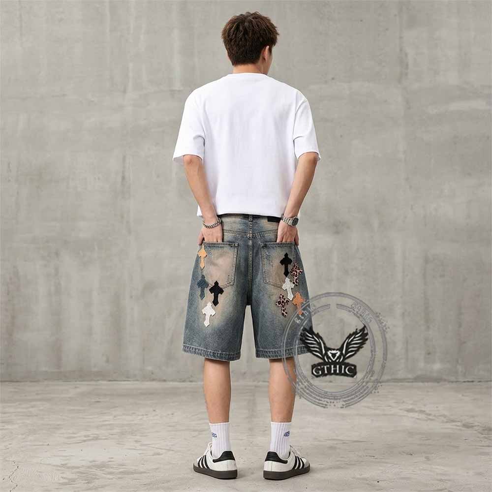 Street Cross Leather Patch Distressed Denim Shorts | Gthic.com