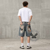 Street Cross Leather Patch Distressed Denim Shorts | Gthic.com