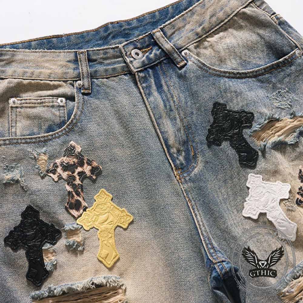 Street Cross Leather Patch Distressed Denim Shorts