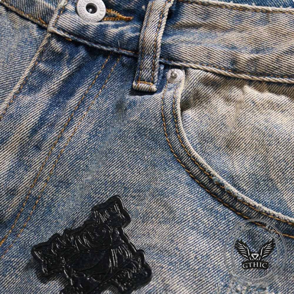 Street Cross Leather Patch Distressed Denim Shorts
