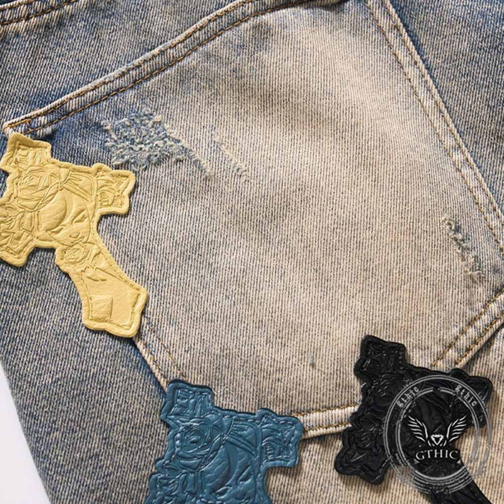 Street Cross Leather Patch Distressed Denim Shorts