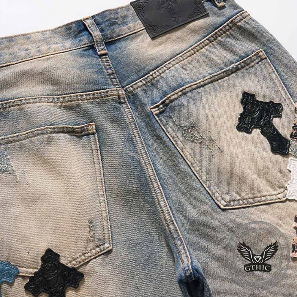 Street Cross Leather Patch Distressed Denim Shorts