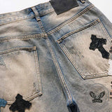 Street Cross Leather Patch Distressed Denim Shorts