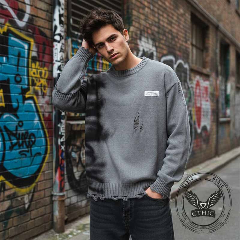 Street Graffiti Print Ripped Crew Neck Knit Sweatshirt | Gthic.com