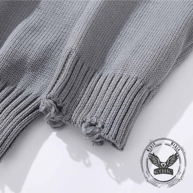 Street Graffiti Print Ripped Crew Neck Knit Sweatshirt