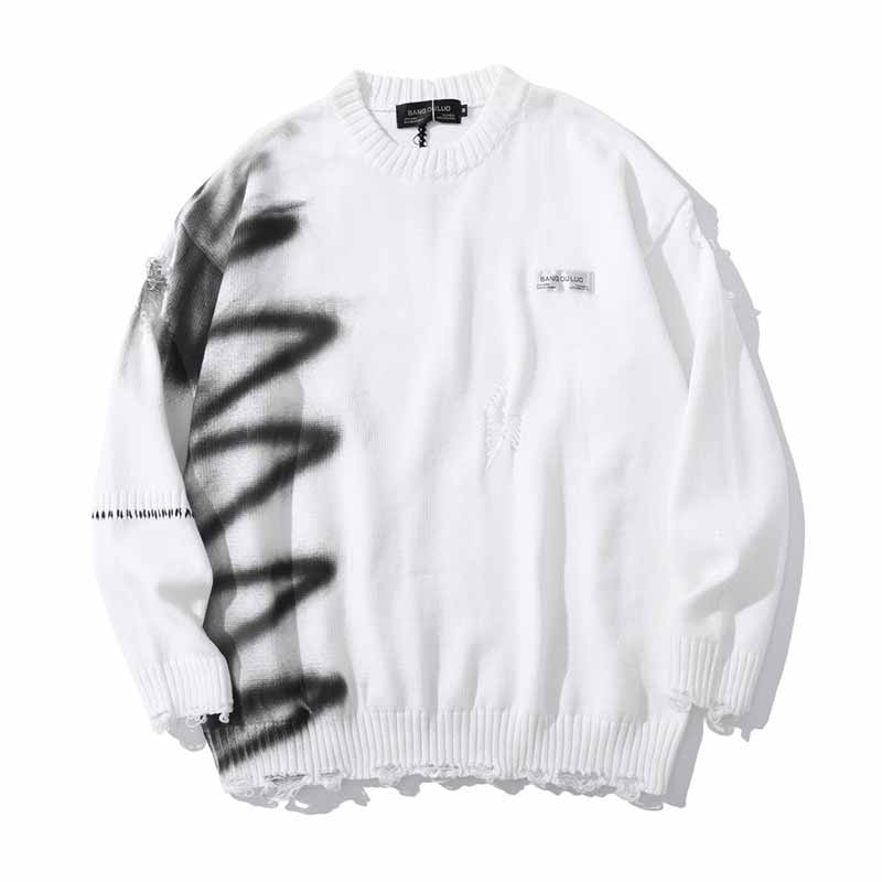 Street Graffiti Print Ripped Crew Neck Knit Sweatshirt | Gthic.com