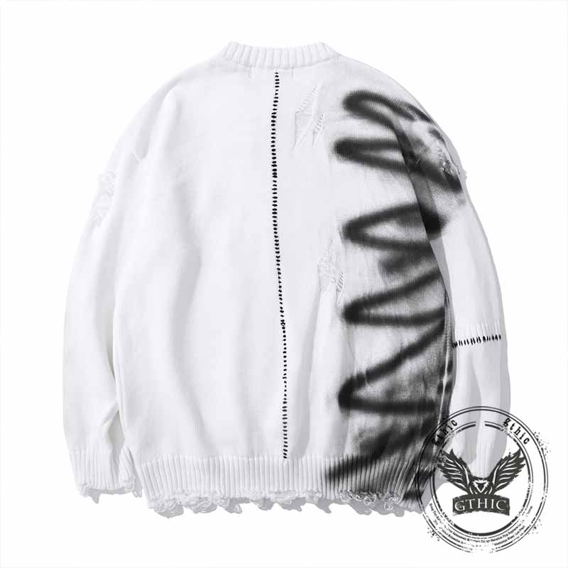 Street Graffiti Print Ripped Crew Neck Knit Sweatshirt | Gthic.com