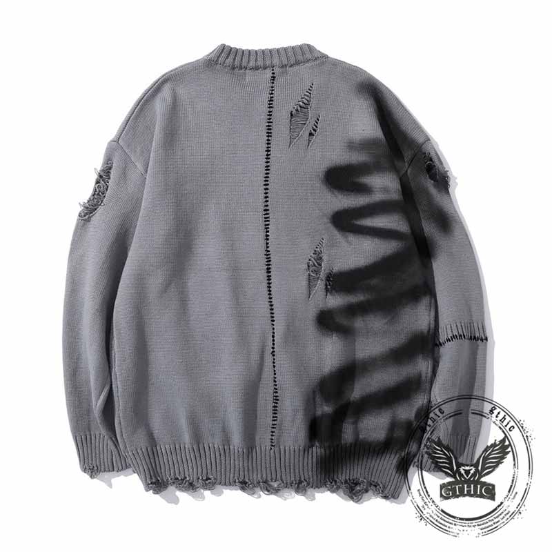 Street Graffiti Print Ripped Crew Neck Knit Sweatshirt