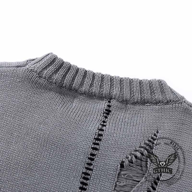 Street Graffiti Print Ripped Crew Neck Knit Sweatshirt