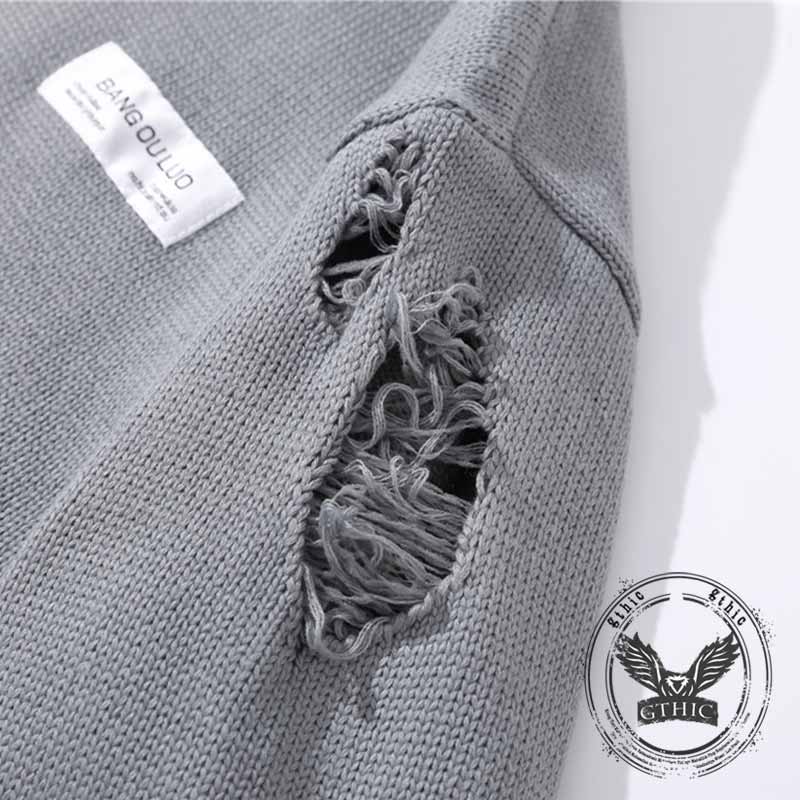 Street Graffiti Print Ripped Crew Neck Knit Sweatshirt