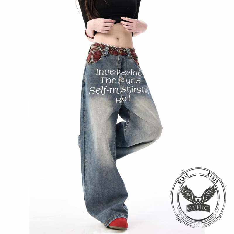 Street Letter Print Plaid Design Straight-Leg Jeans | Gthic.com
