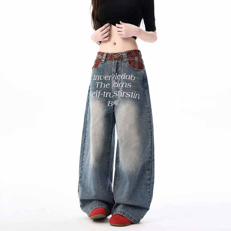 Street Letter Print Plaid Design Straight-Leg Jeans | Gthic.com