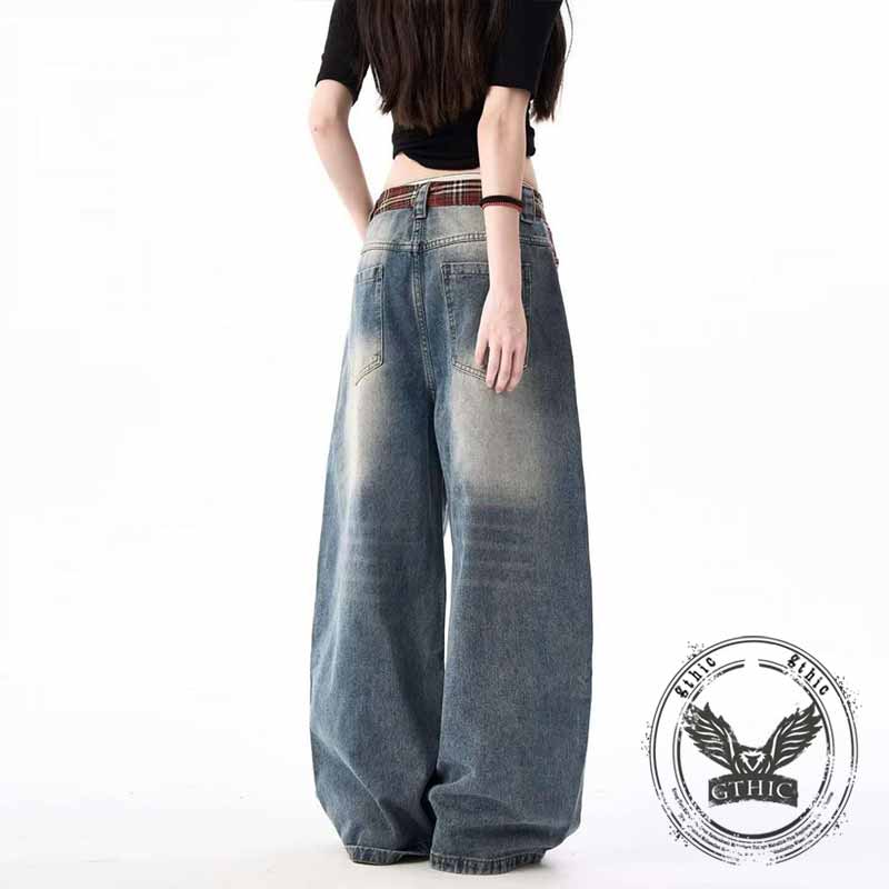 Street Letter Print Plaid Design Straight-Leg Jeans | Gthic.com