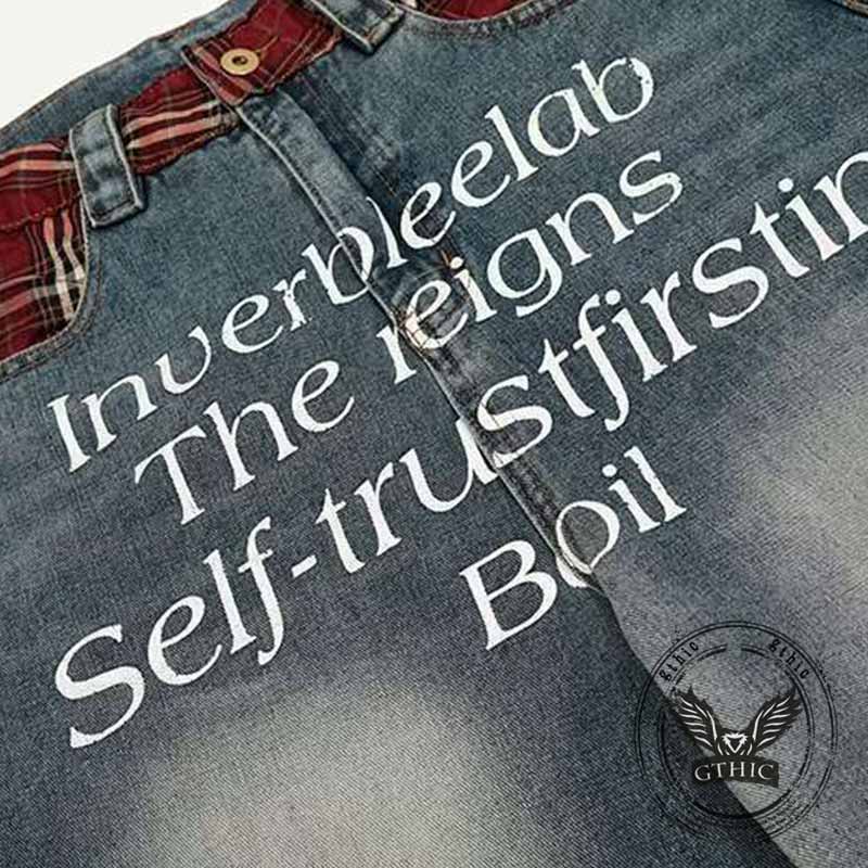 Street Letter Print Plaid Design Straight-Leg Jeans