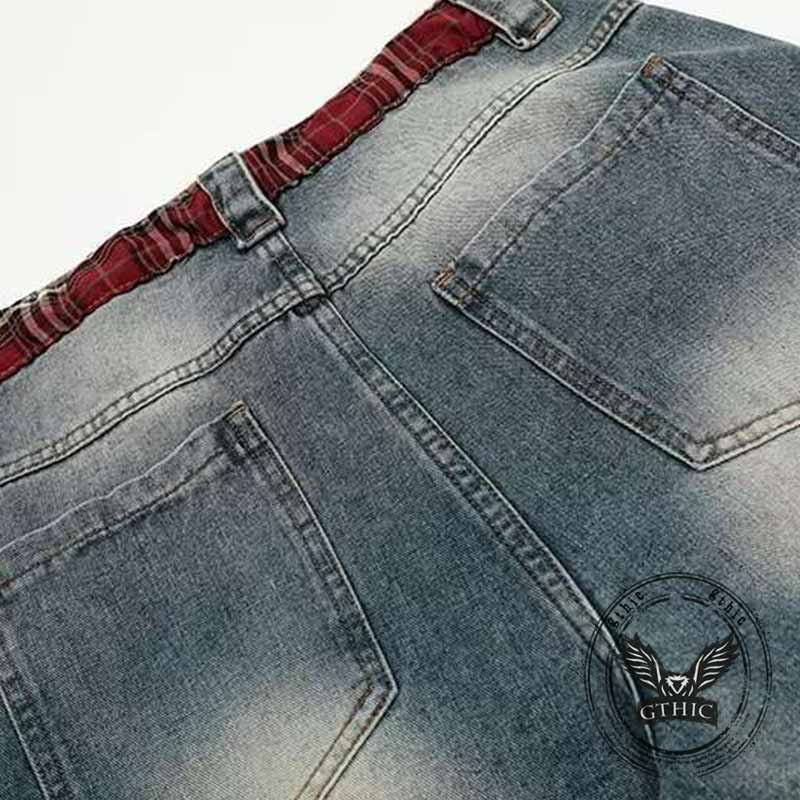 Street Letter Print Plaid Design Straight-Leg Jeans