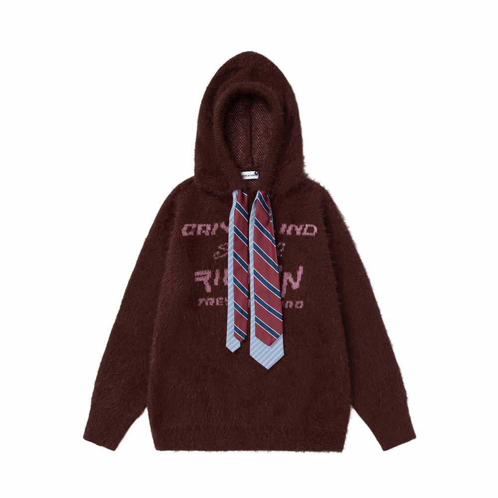 Street Lettered Faux Mink Knit Hooded Sweater | Gthic.com