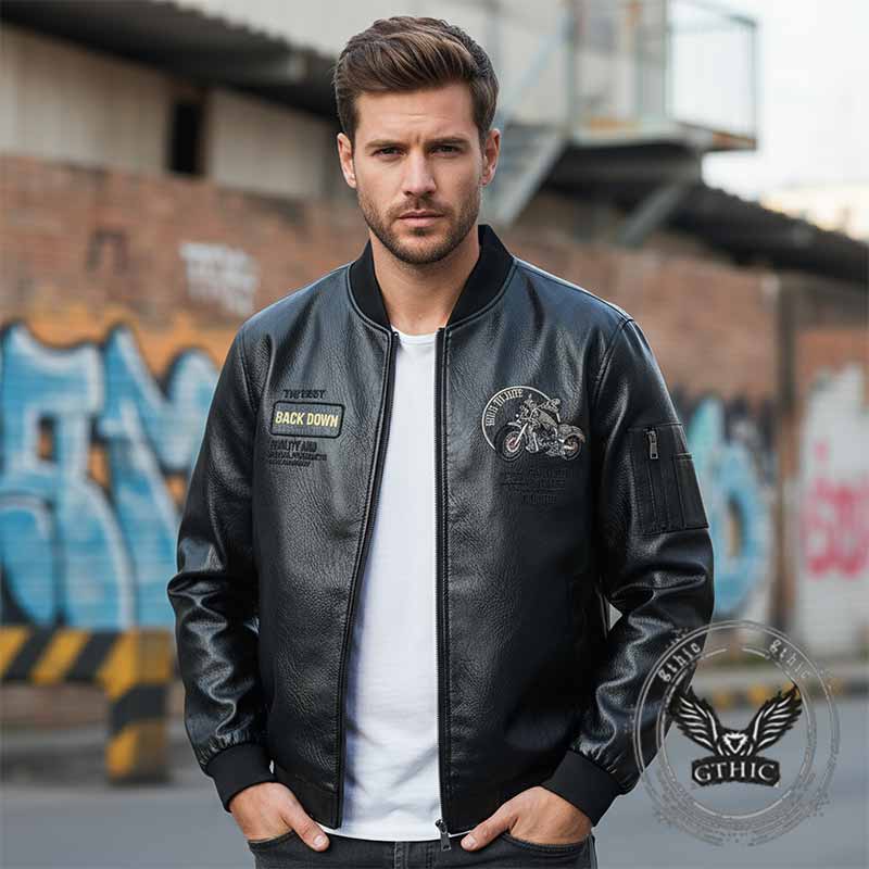 Street Letters Motorcycle Embroidered Leather Jacket | Gthic.com