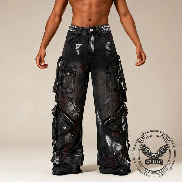 Street Multi-Pocket Deconstructed Graffiti Loose Jeans 02 | Gthic.com