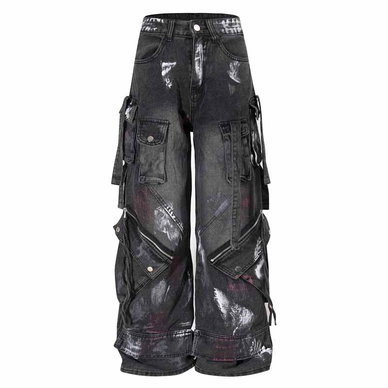 Street Multi-Pocket Deconstructed Graffiti Loose Jeans 03 | Gthic.com