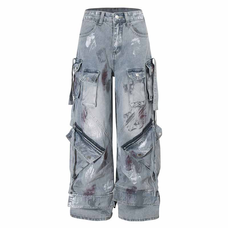 Street Multi-Pocket Deconstructed Graffiti Loose Jeans