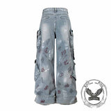 Street Multi-Pocket Deconstructed Graffiti Loose Jeans