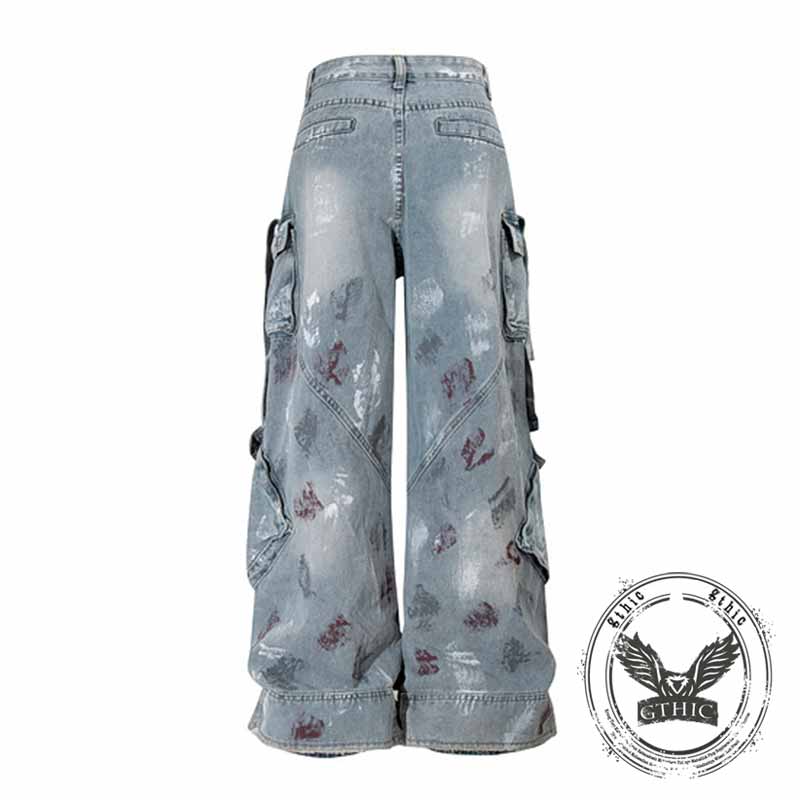 Street Multi-Pocket Deconstructed Graffiti Loose Jeans