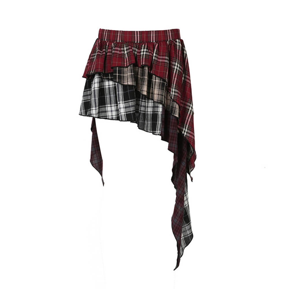 Street Plaid Patchwork Irregular Ruffle Cake Skirt 03 | Gthic.com