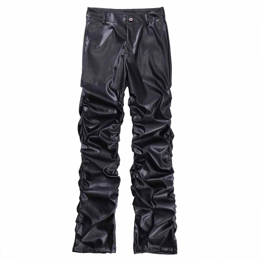 Street Pleated Stacked Slim Straight Pu Leather Pants
