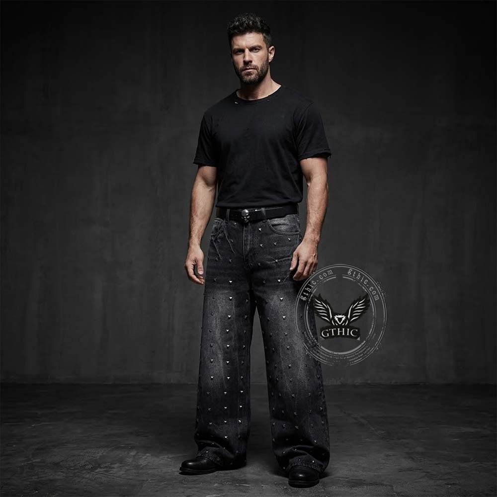 Street Punk Studded Design Wide Leg Baggy Jeans | Gthic.com