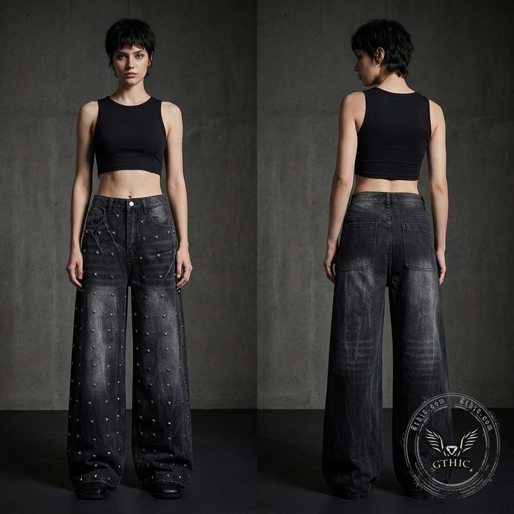 Street Punk Studded Design Wide Leg Baggy Jeans | Gthic.com