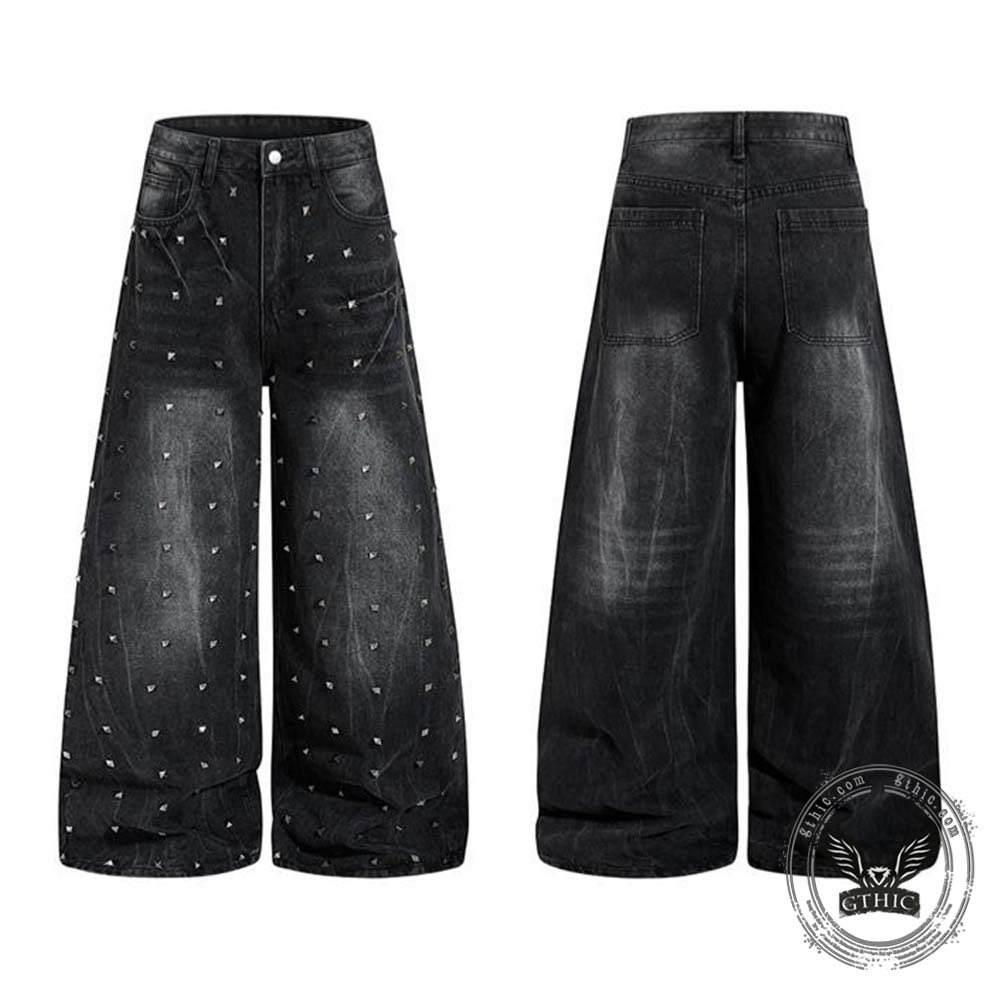 Street Punk Studded Design Wide Leg Baggy Jeans | Gthic.com