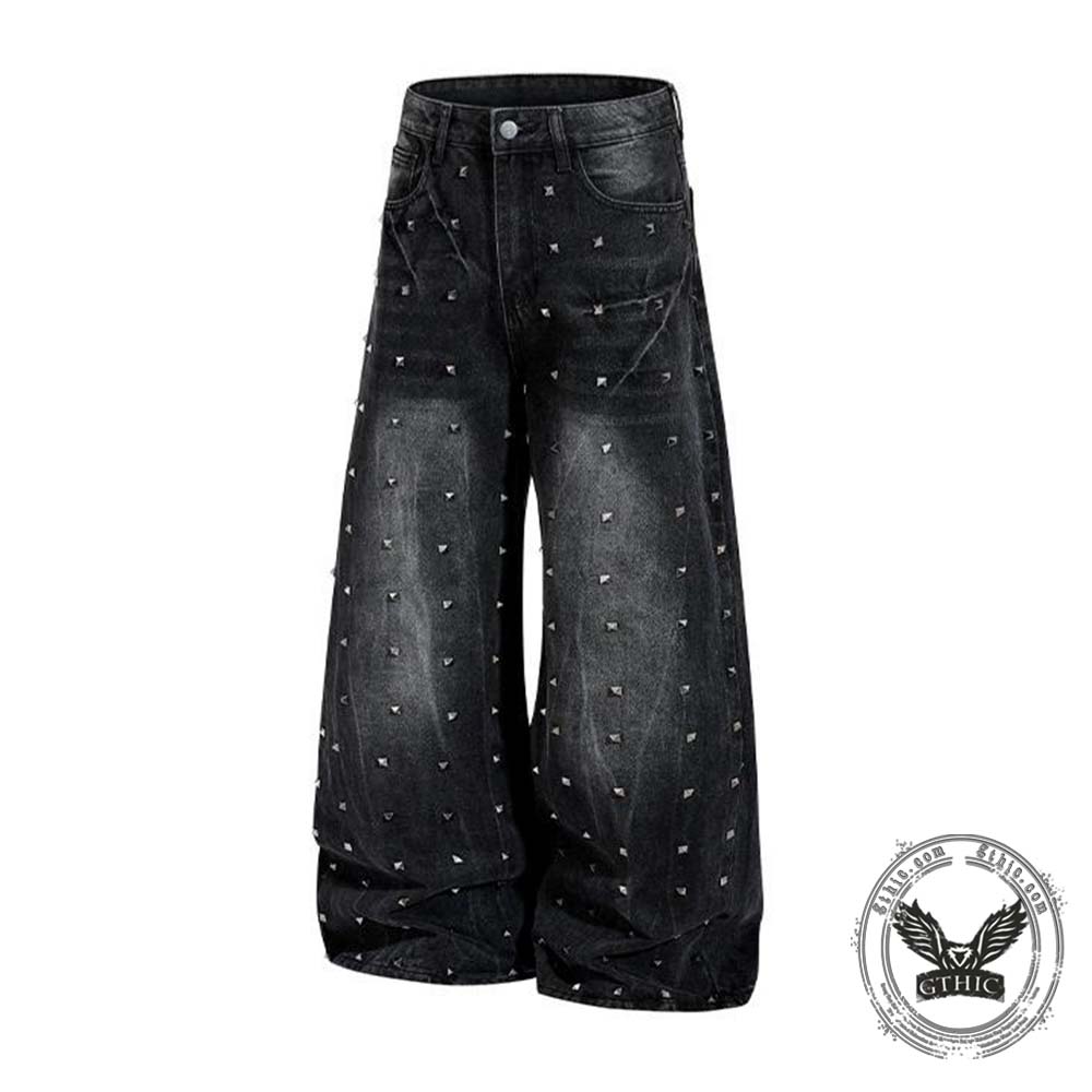 Street Punk Studded Design Wide Leg Baggy Jeans