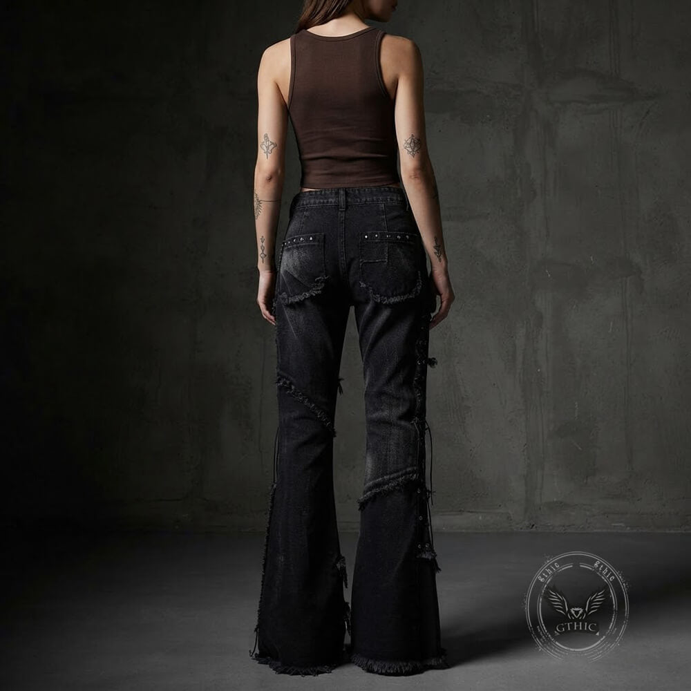 Street Punk Studded Ripped Slight-Flare Jeans | Gthic.com