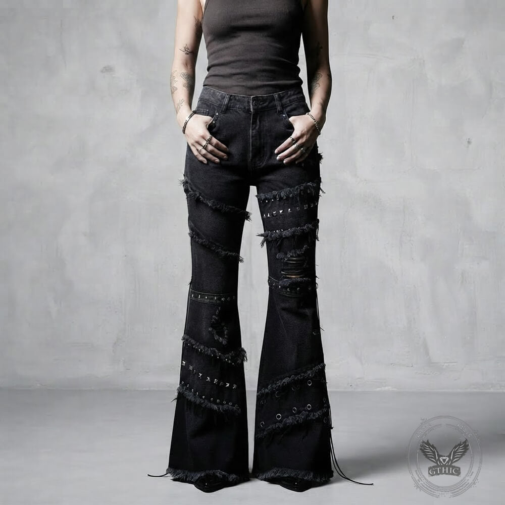 Street Punk Studded Ripped Slight-Flare Jeans | Gthic.com