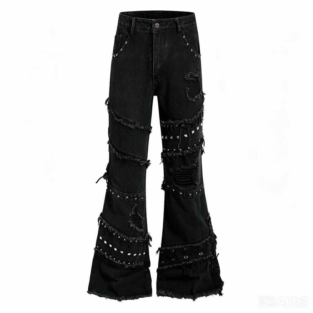 Street Punk Studded Ripped Slight-Flare Jeans