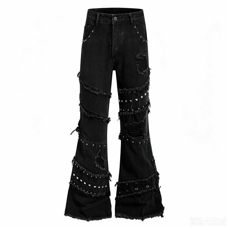 Street Punk Studded Ripped Slight-Flare Jeans – GTHIC