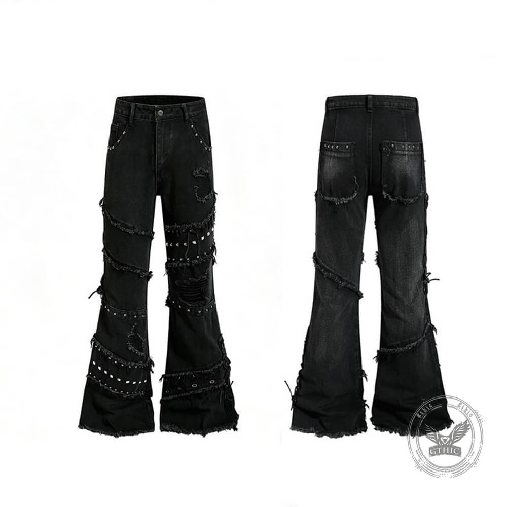Street Punk Studded Ripped Slight-Flare Jeans