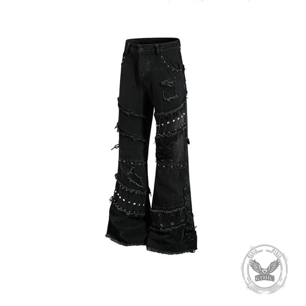 Street Punk Studded Ripped Slight-Flare Jeans