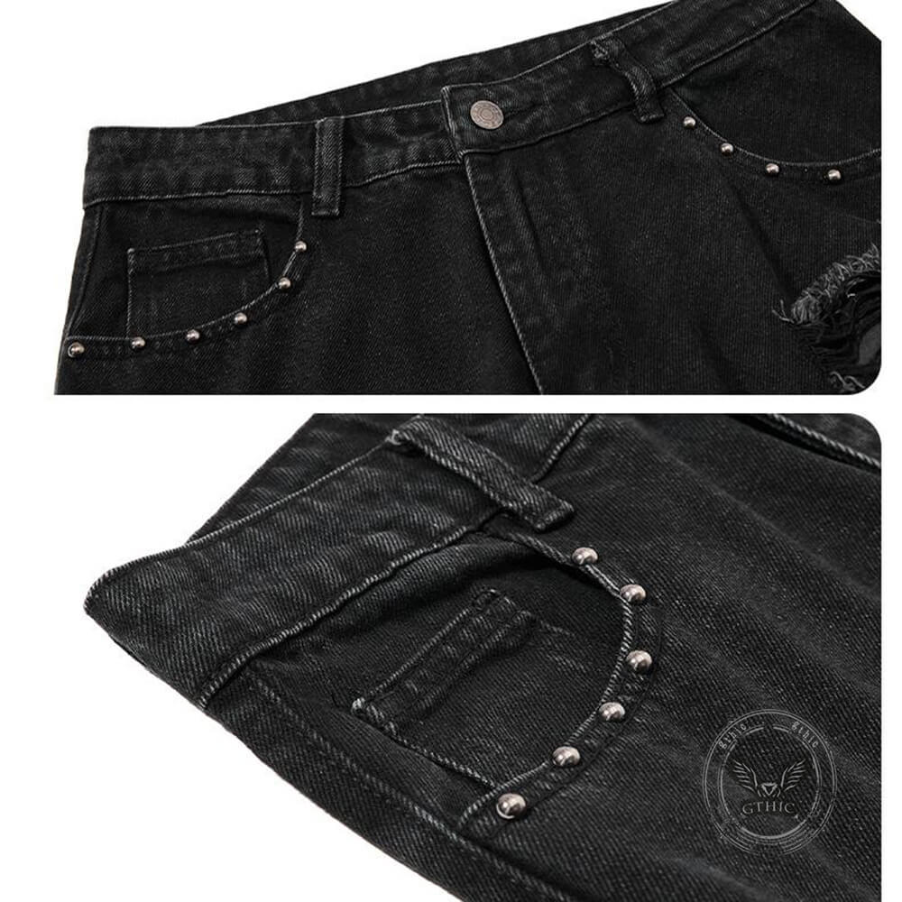 Street Punk Studded Ripped Slight-Flare Jeans